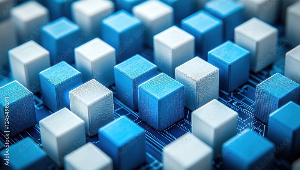 Poster abstract digital background with blue and white cubes on circuit board pattern for technology and in