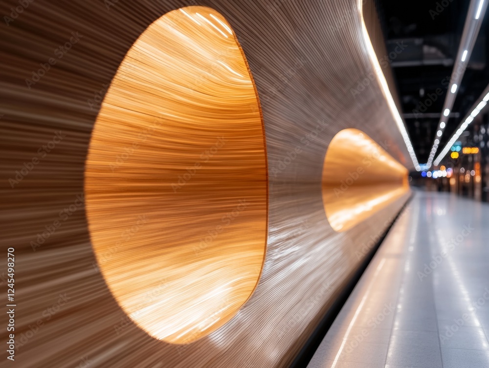 Aufkleber Dynamic Motion Graphic of Subway Tunnel Curved Aluminum Speed Lines and LED Illuminated Walls for Futuristic Urban Transit Marketing and Smart City Mobility Solutions