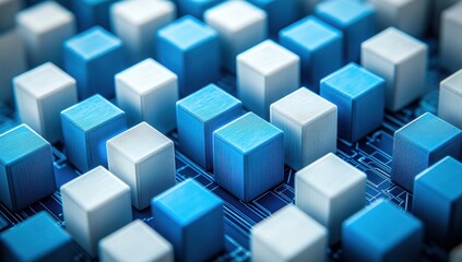 Abstract Digital Background with Blue and White Cubes on Circuit Board Pattern for Technology and Innovation Concepts