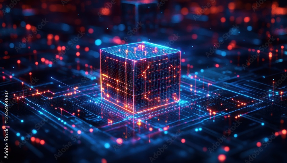 Poster abstract digital cube with glowing lines and particles, representing technology, data processing, an