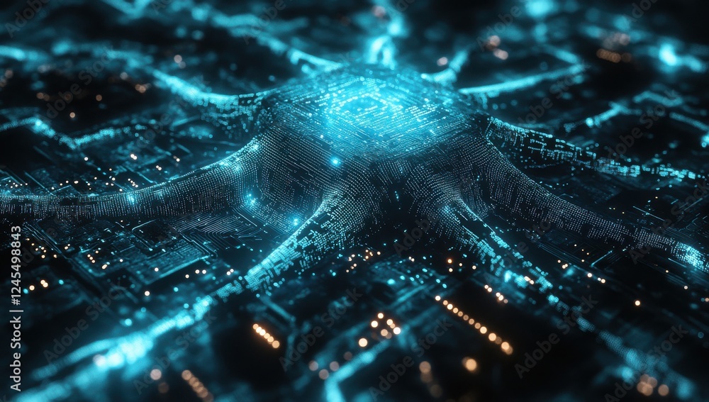 Poster abstract digital landscape with glowing neural network pattern, futuristic technology concept showca