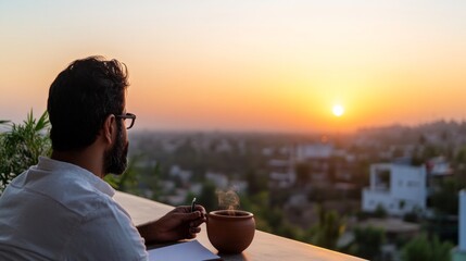 Golden Hour Mindfulness Indian Man with Herbal Tea and Journal on Balcony - Sustainable Wellness Imagery for Lifestyle Branding and Eco-Friendly Marketing