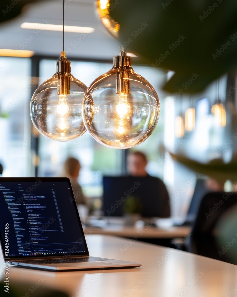 Fototapete Modern Workspace Dynamics Sleek Industrial Lighting and Open Office Table with Technology Integration - Boosting Employee Engagement and Innovation in Tech-Driven Corporate Environments