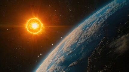 Obraz premium View of Earth during perihelion, its surface radiant and blue with clouds, and the massive Sun glowing intensely nearby