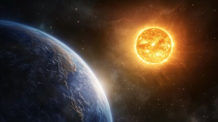 View of Earth during perihelion, its surface radiant and blue with clouds, and the massive Sun glowing intensely nearby