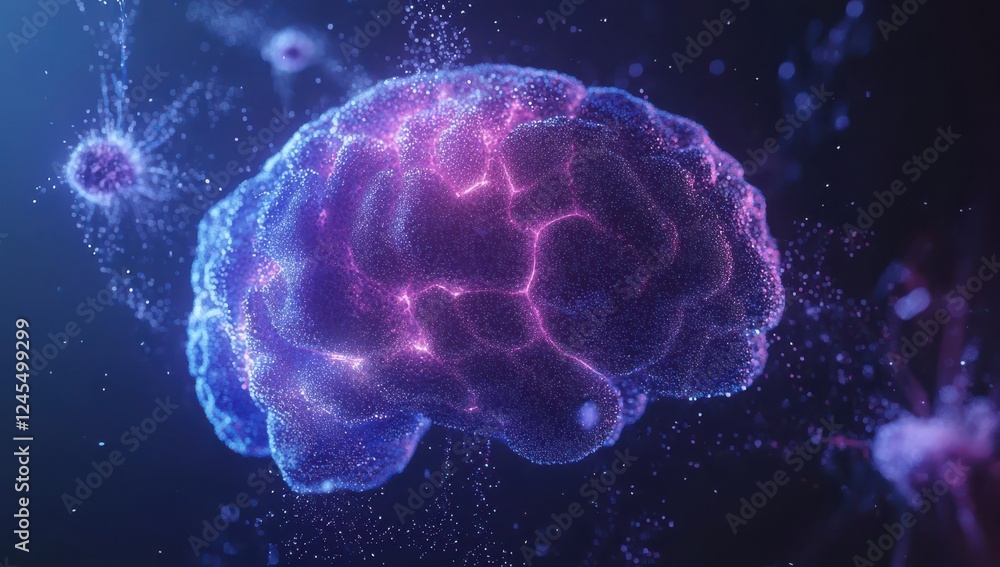 Poster abstract digital representation of a human brain with glowing neurons and particles showcasing conne