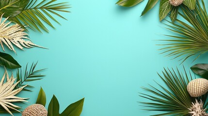 Tropical leaves frame, teal background, summer design, website banner