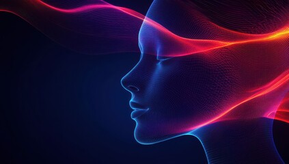 Abstract digital representation of a female face with flowing neon lines and vibrant colors showcasing creativity and technology in modern art