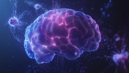 Fototapeta premium Abstract digital representation of a human brain with glowing neurons and particles showcasing connectivity and complex neural pathways in vibrant colors