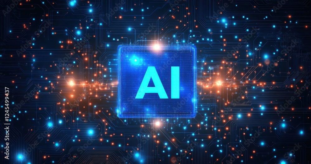 Poster abstract digital representation of artificial intelligence with glowing elements on a circuit board 