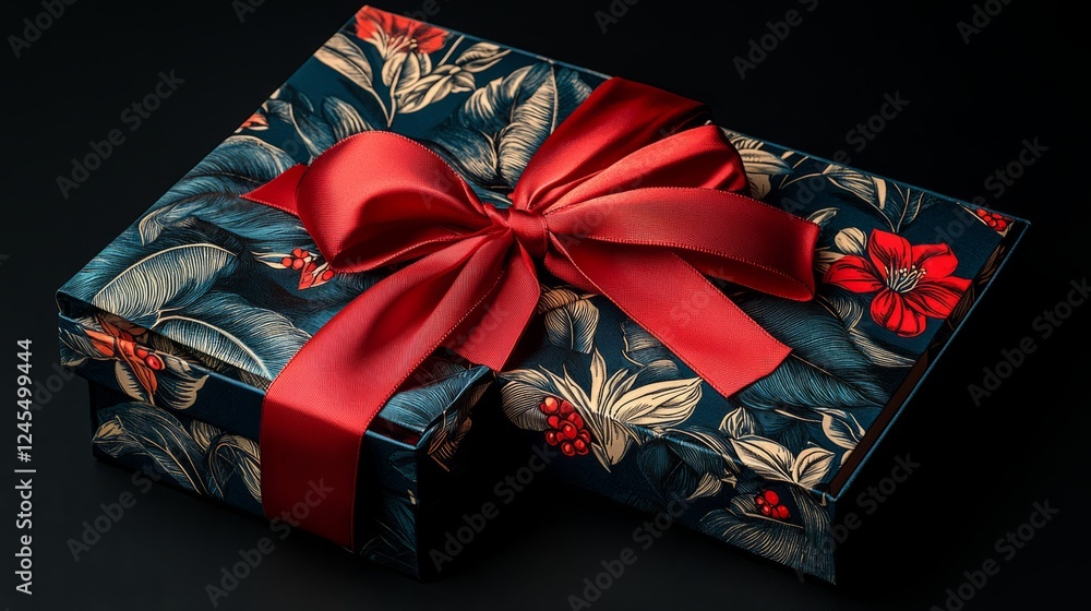 Poster a present box with a vibrant red ribbon and bow, the lid slightly open, casting a subtle shadow on a