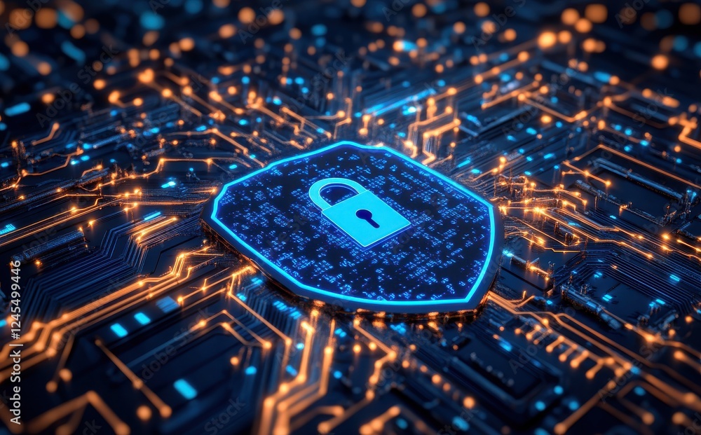 Poster abstract digital security concept featuring a glowing shield symbol on an intricate circuit board ba