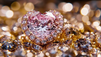 Pink heart diamond ring, sparkling jewels, bokeh background, luxury jewelry