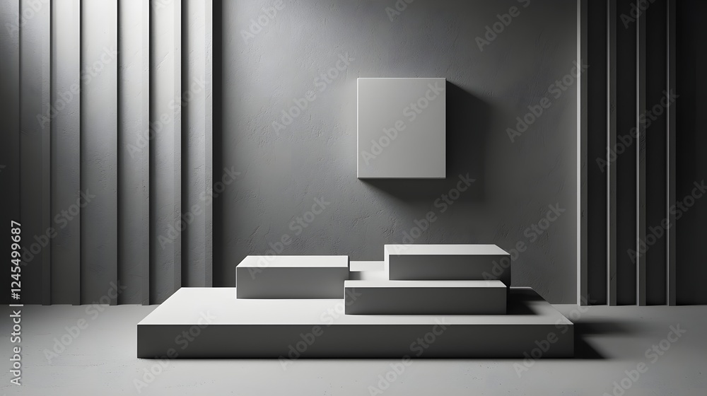 Poster monochrome minimalist arrangement of geometric cube shapes in a serene clean studio setting with dra