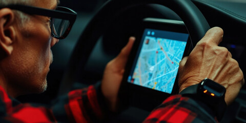 Mature Caucasian Male Navigating with GPS in Car at Night with Digital Map Display