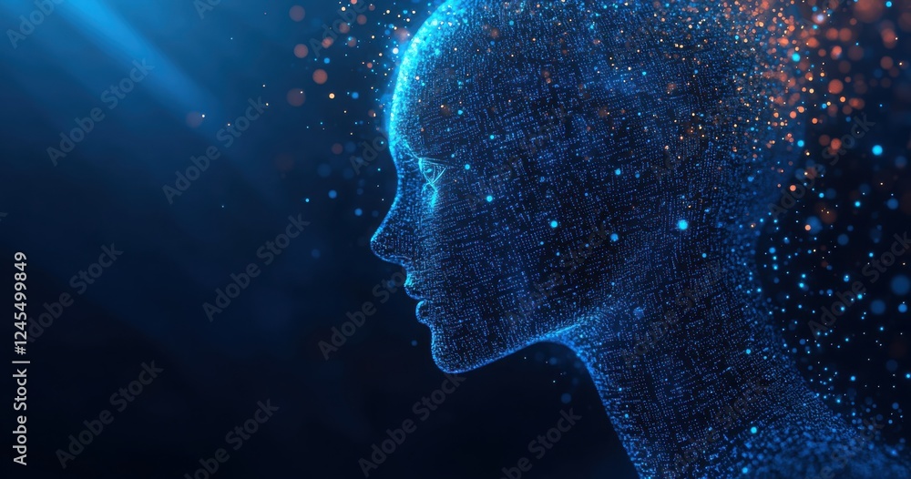Poster abstract digital woman silhouette with glowing particles and data lines in a futuristic blue environ