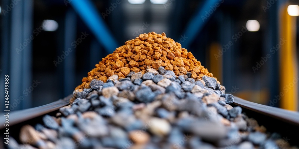 Poster Futuristic Industrial Display Textured Aggregates on Conveyor in Automated Sorting Facility - Eco-Friendly Waste Management and Circular Economy Strategy for Modern Industry