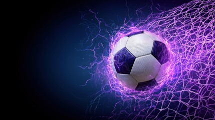 Fototapeta premium Powerful Football Goal Surrounded by Electrifying Energy Burst Dynamic Sports Game Concept with Glowing Plasma and Lightning Effects