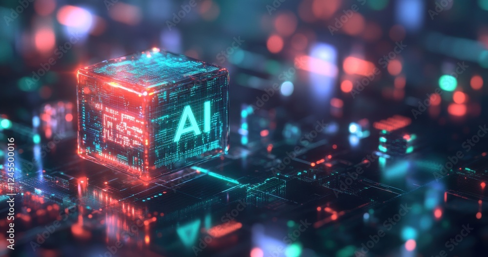Aufkleber abstract futuristic depiction of artificial intelligence concept showcasing neon cube with glowing c