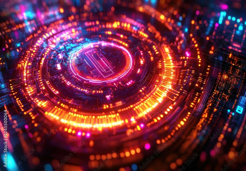 Poster abstract futuristic digital background with glowing circular patterns and intricate lines in vibrant