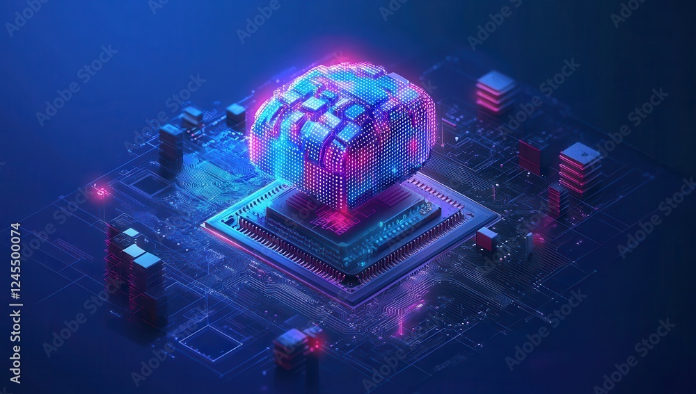 Poster abstract futuristic computer motherboard with neon light patterns, artificial intelligence concept, 