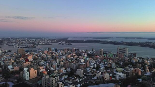 Aerial 4K footage of Magong city during sunset in the Penghu island of Taiwan. 