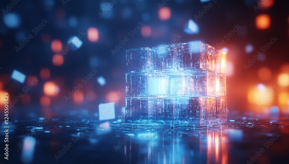 Poster abstract glowing cube structure with vibrant light reflections and floating particles in a futuristi