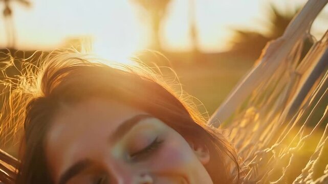 A young woman enjoys a peaceful evening lying in a hammock, surrounded by warm string lights and tropical palm trees. Her serene expression captures a moment of relaxation, tranquility, and escape 