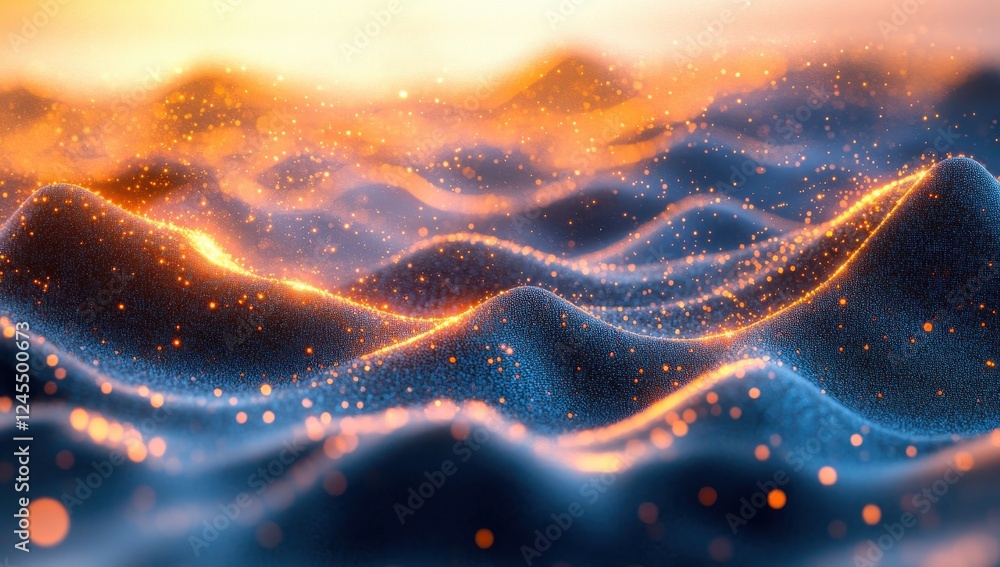 Poster abstract landscape with glowing particles and smooth waves in vibrant colors creating a mesmerizing 