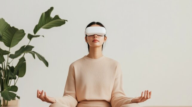 Minimalist Wellness Meditation East Asian Woman Wearing Futuristic EEG Headband, Enhancing Mindfulness in Contemporary Living Space - Cognitive Tech and Mental Optimization Solutions