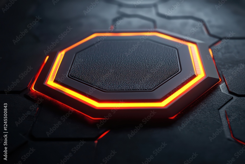Poster 3d-rendered hexagonal patch with neon highlights, floating dynamically against a sleek, dark backdro