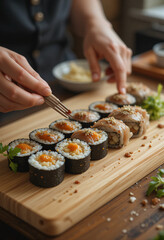 chef preparing sushi on a plate