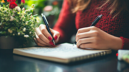Creative Expression: A close-up of a woman's hands intently writing in a notebook, showcasing a moment of artistic exploration, personal reflection, or thoughtful journaling.