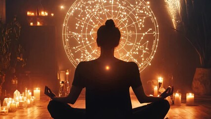 A woman sits in a meditative pose in a dimly lit room, surrounded by glowing candles and crystals, with a luminous astrological chart in the background. The scene exudes a mystical and spiritual 