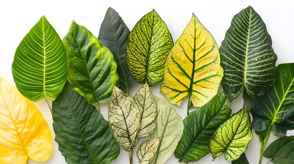 Fototapeta premium 39. A mix of vibrant green leaves and dry, brittle leaves set against a pure white background