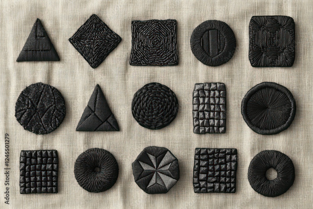 Poster collection of black 3d embroidered patches in circular and angular designs, dynamically presented ag