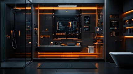 Obraz premium Sleek and modern minimalist bathroom design with futuristic IoT connected smart home app controls for a seamless and convenient living experience