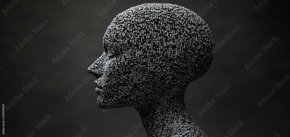 Poster abstract profile of a human-like figure covered in textural patterns against a dark backdrop, repres