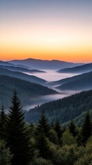Obraz premium Serene Forestscape Misty Evergreen Layers and Mountain Ridges for Eco Tourism and Adventure Marketing - Capturing Pristine Nature for Outdoor Enthusiasts and Travel Promotion