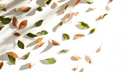 41. A gentle swirl of green and dry leaves blending together on a white background