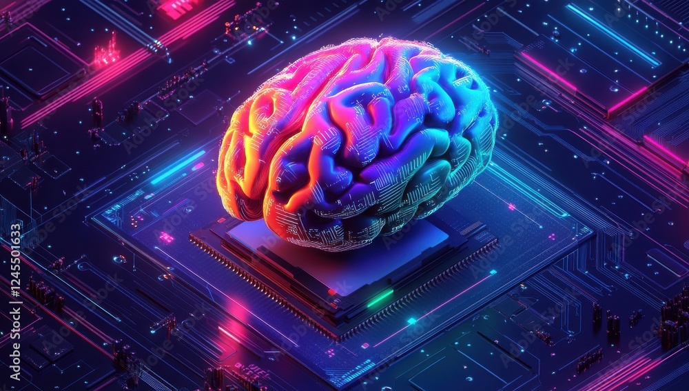 Poster abstract representation of a digital brain on a microchip, featuring vibrant colors and glowing circ