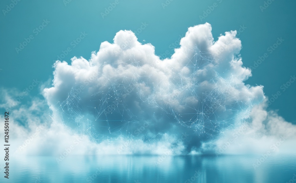 Poster abstract representation of a digital cloud with floating connections over serene blue background sym