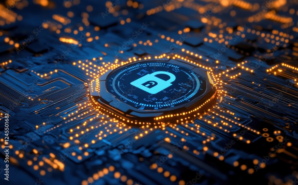 Poster abstract representation of a digital circuit board with glowing lights and a central processing unit
