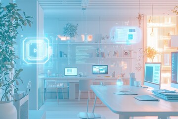 Floating holographs aid dynamic web design in a peaceful coworking studio.