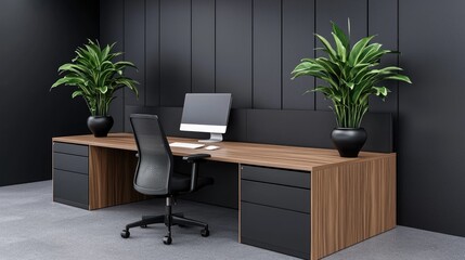 Modern office interior, desk, plants, dark wall, workspace