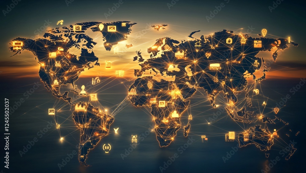 Aufkleber global network connectivity illuminated world map showing interconnectedness of businesses and