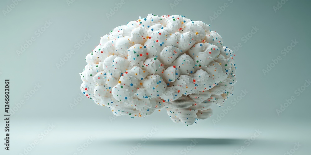 Poster abstract representation of a human brain with colorful dots on a soft gradient background symbolizin