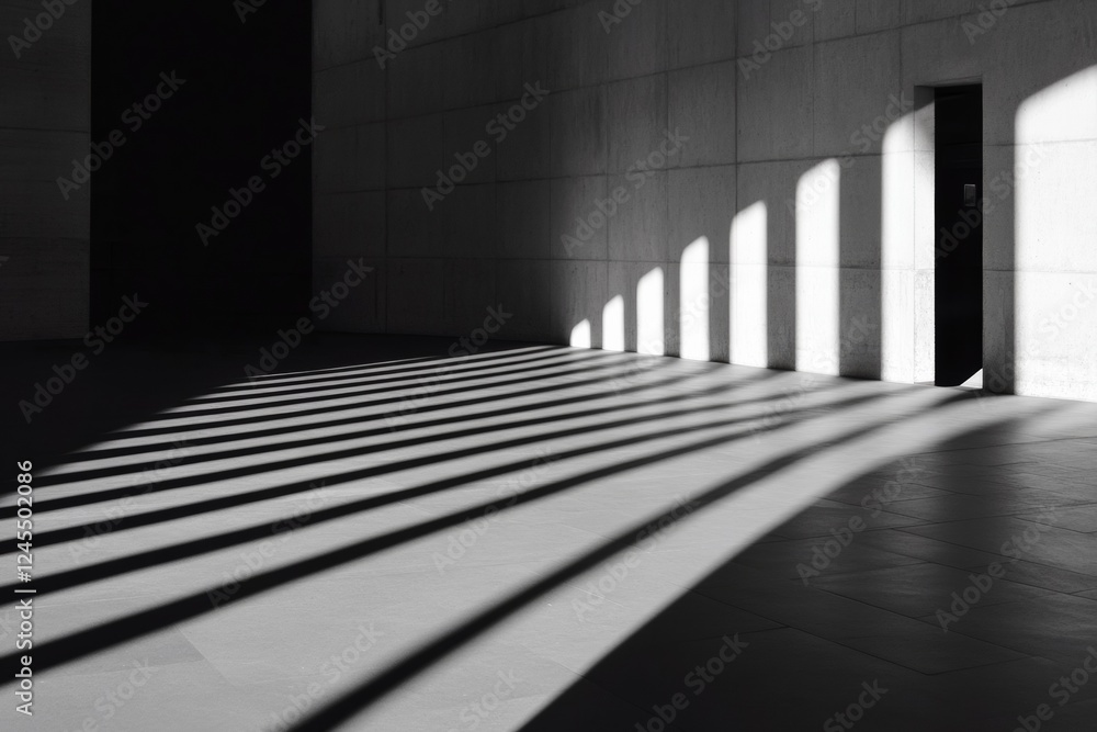 Poster Minimalist Architectural Corridor Monochrome Concrete Walls with Dramatic Light Patterns - Modern Commercial Spaces and Innovative Design for Professional Atmosphere Enhancement