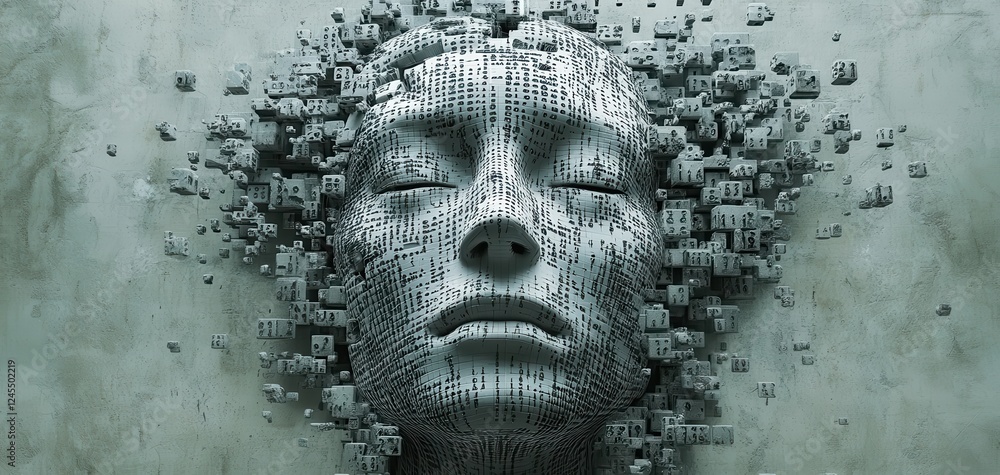Poster abstract representation of a human face composed of floating cubes, symbolizing technology, data, an