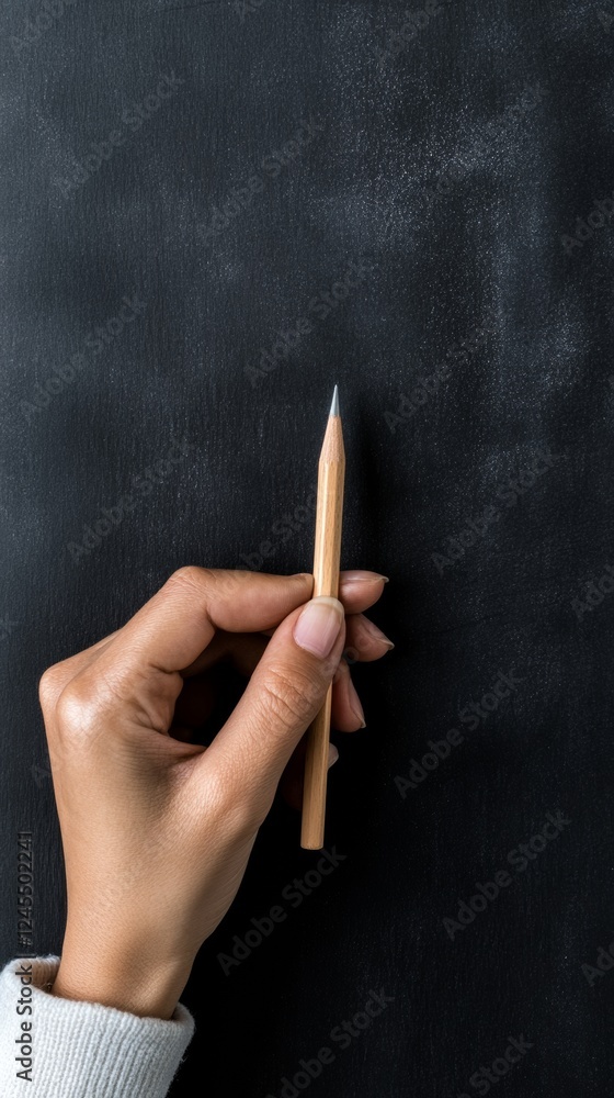 Poster minimalist chalkboard aesthetic hand holding pencil on blackboard textured surface - interactive edu